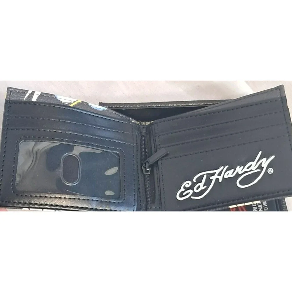 New Ed Hardy Men's Eagle Bifold Wallet Black Id Window And Skull Valet Tray Box